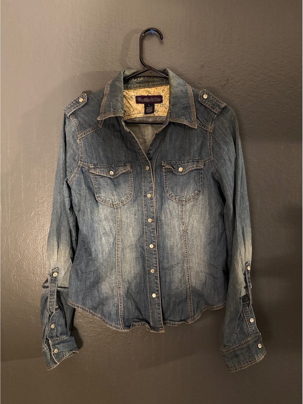 Vanilla Star Women's Denim Button-Up Shirt, Size Large